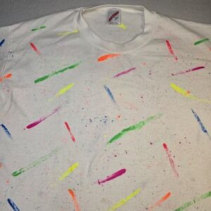 Vtg 90s Jerzees Neon Paint Splatter T-Shirt L Single Stitch Retro Abstract 80s